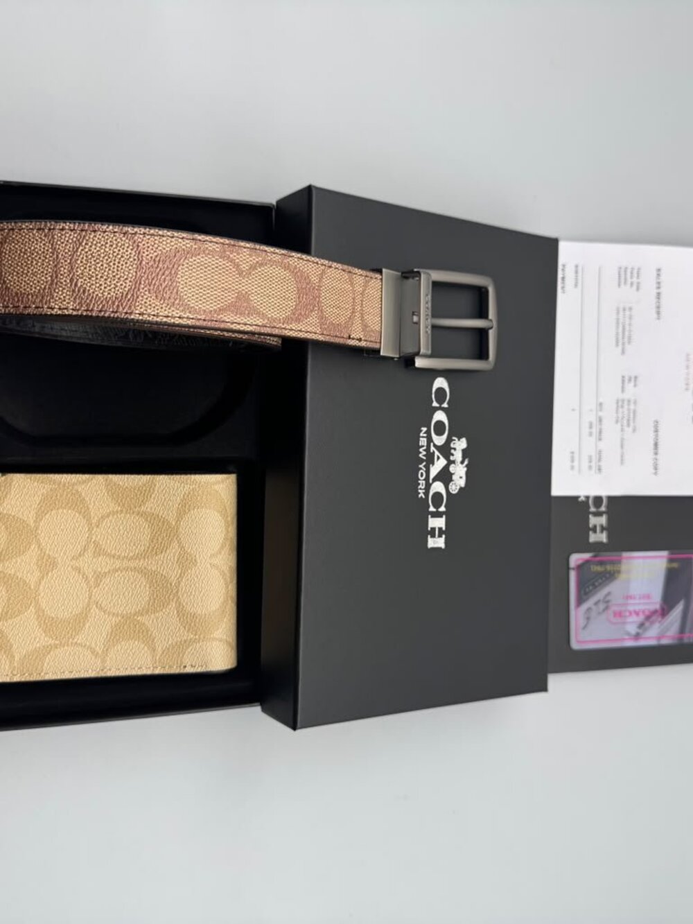 NWT Coach Men's Signature Canvas Belt & Wallet Box Gift Set | Tan / Beige / Khak